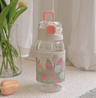 Kawaii Tulip Glass Water Bottle With Cover Straw Strap