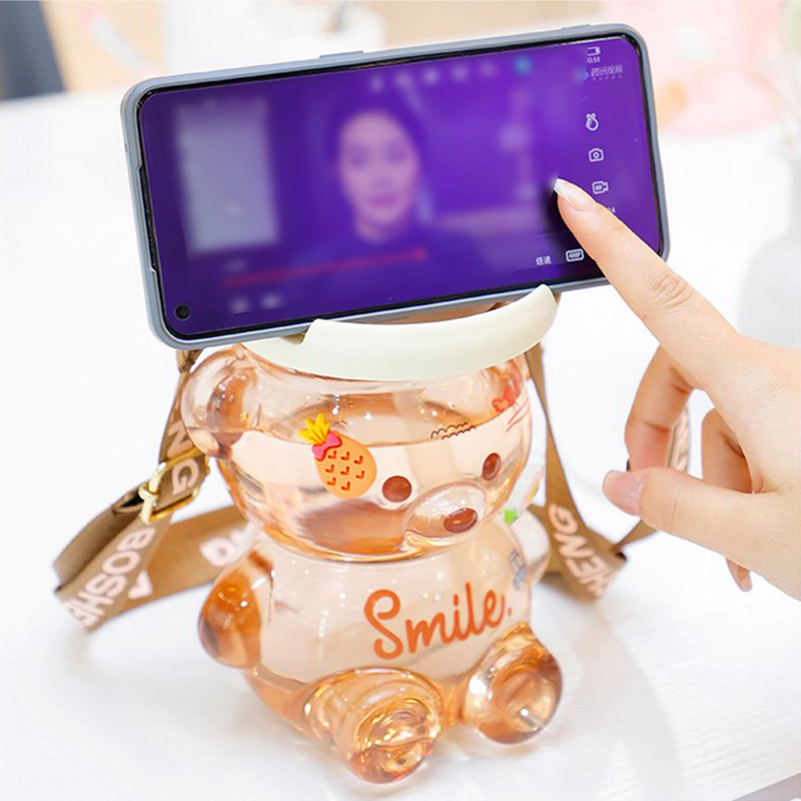 Large Capacity Cartoon Bear Plastic Sippy Cup, Brown - Image 4