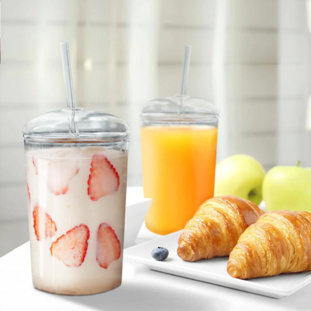 Transparent Glass Tumbler, Glass Cup With Lid and Straw - Image 3