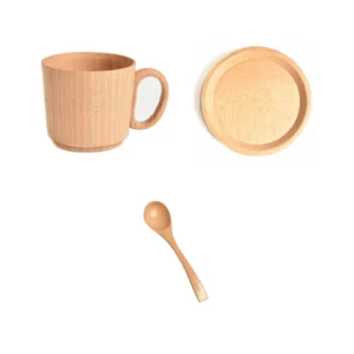 Wood Breakfast Mug With Spoons And Saucer