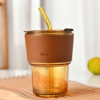 Creative Glass Cup Coffee Mug With Lid, Brown