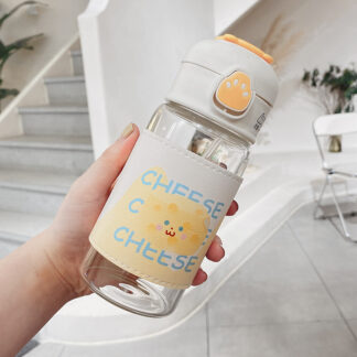 Cartoon Water Bottle With Straw, Cute Glass Drinking Bottle