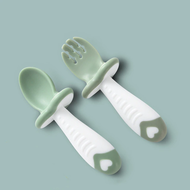 2Pcs/Set Baby Silicone Spoon Fork