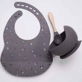Deep Grey-Planet Baby Dinnerware Set with Sucker Bowl Silicone Spoon With Wooden Handle & Adjustable Bibs