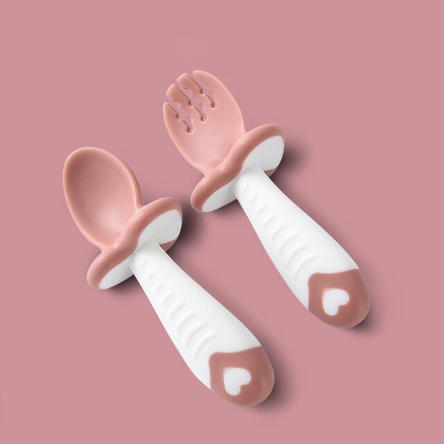 2Pcs/Set Pink Baby Silicone Spoon Fork