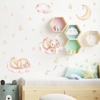 Cute Bunny Hearts Wall Stickers, Cartoon Rabbit Sleep