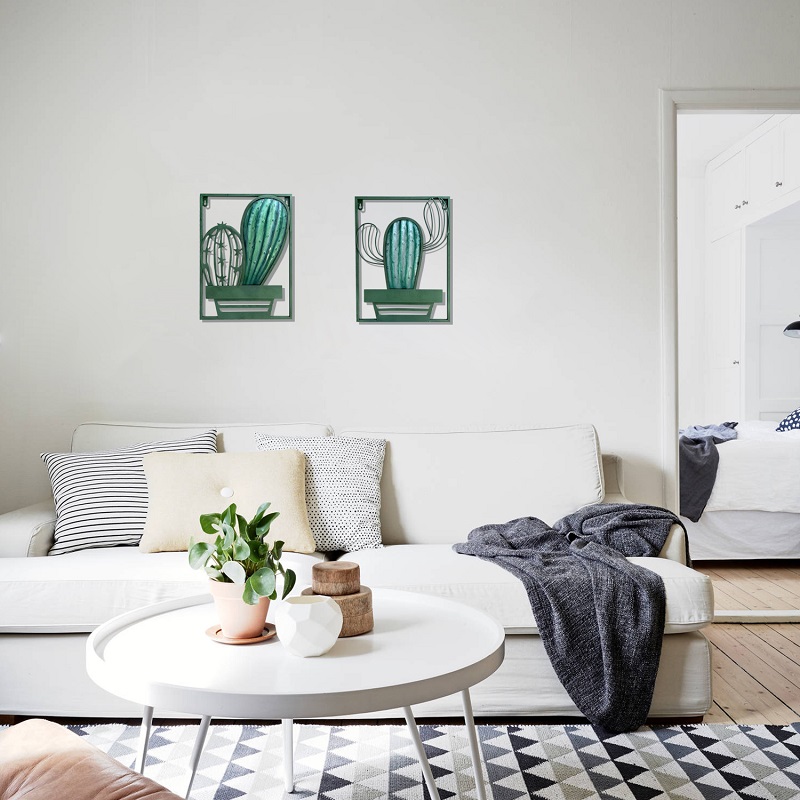 Metal Glass Green Cactus Wall Decor Set - Image 3