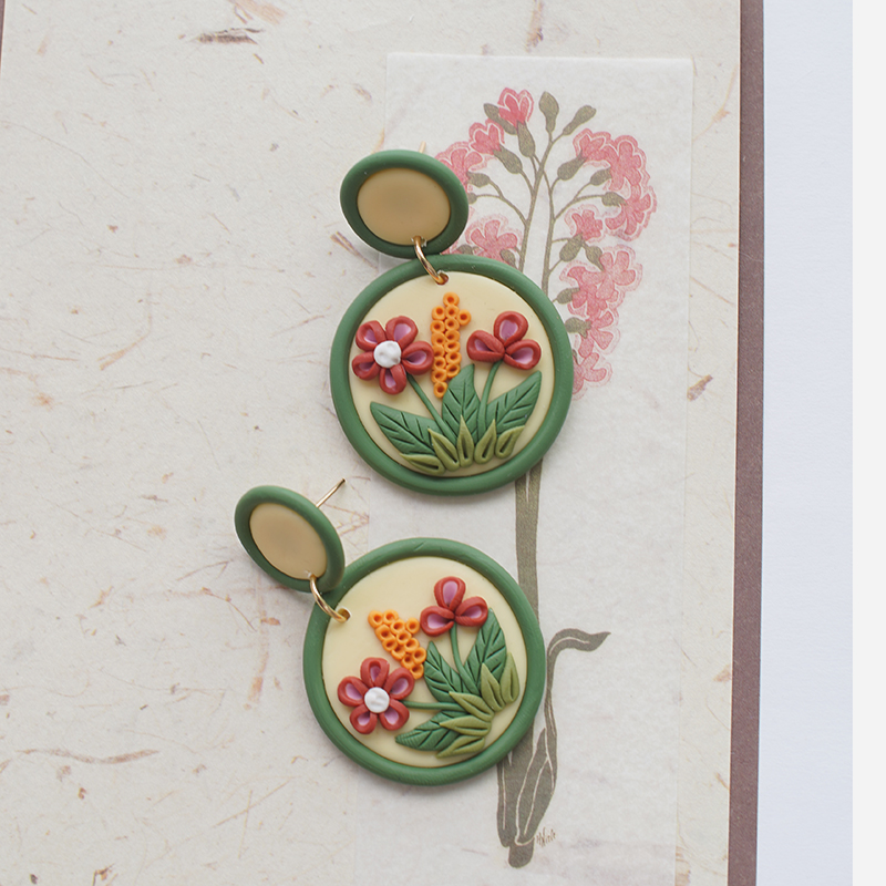 Green Floral Colors Shapes Polymer Clay Earrings - Image 2