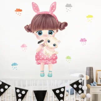 Sweet Little Girl Carrying A Cat Wall Painting Stickers