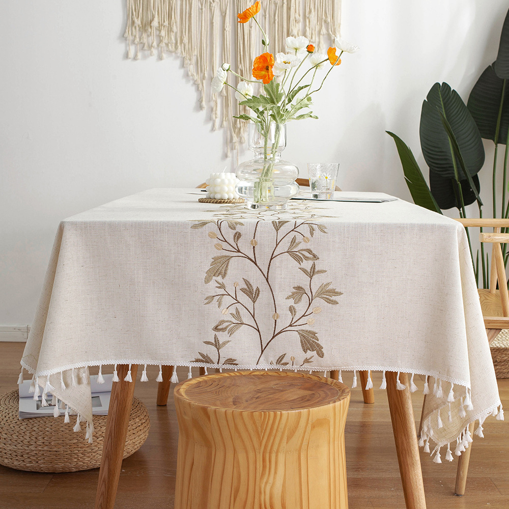 White Tassel Cotton Linen Table Cloth - Image 2