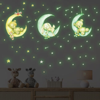 Tiny Cute Teddy Bear on the Moon Luminous Wall Stickers for Nursery Decor