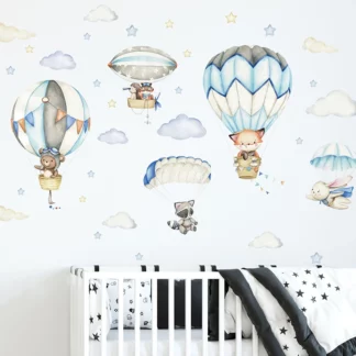 Watercolor Animals Hot Air Balloon Clouds Wall Stickers