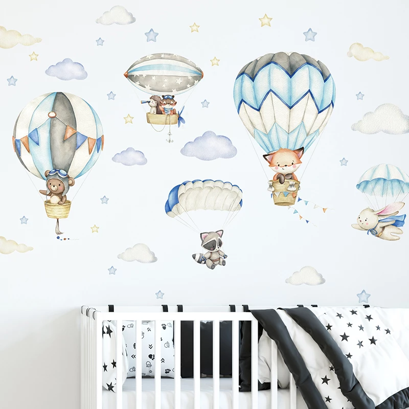 Watercolor Animals Hot Air Balloon Clouds Wall Stickers
