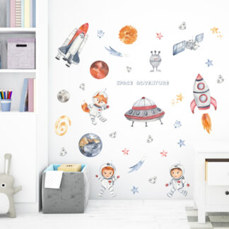 Watercolor Cartoon UFO Rocket Planet Astronaut Wall Stickers