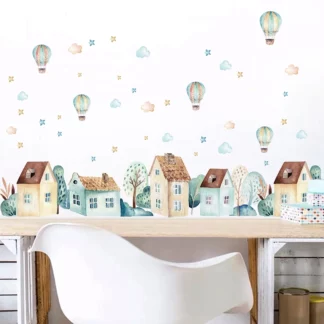 Watercolor House Hot Air Balloon Baseboard Wall Stickers