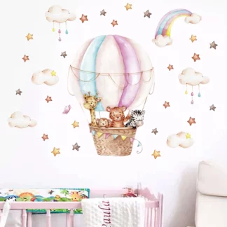 Watercolor Pink Hot Airballoon Cute Animals Wall Stickers