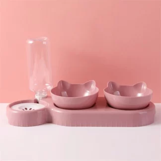 Double Bowl Food Bowl Automatic Feeding Water Pink
