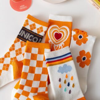 Orange Flower Cute Checker Cotton Socks