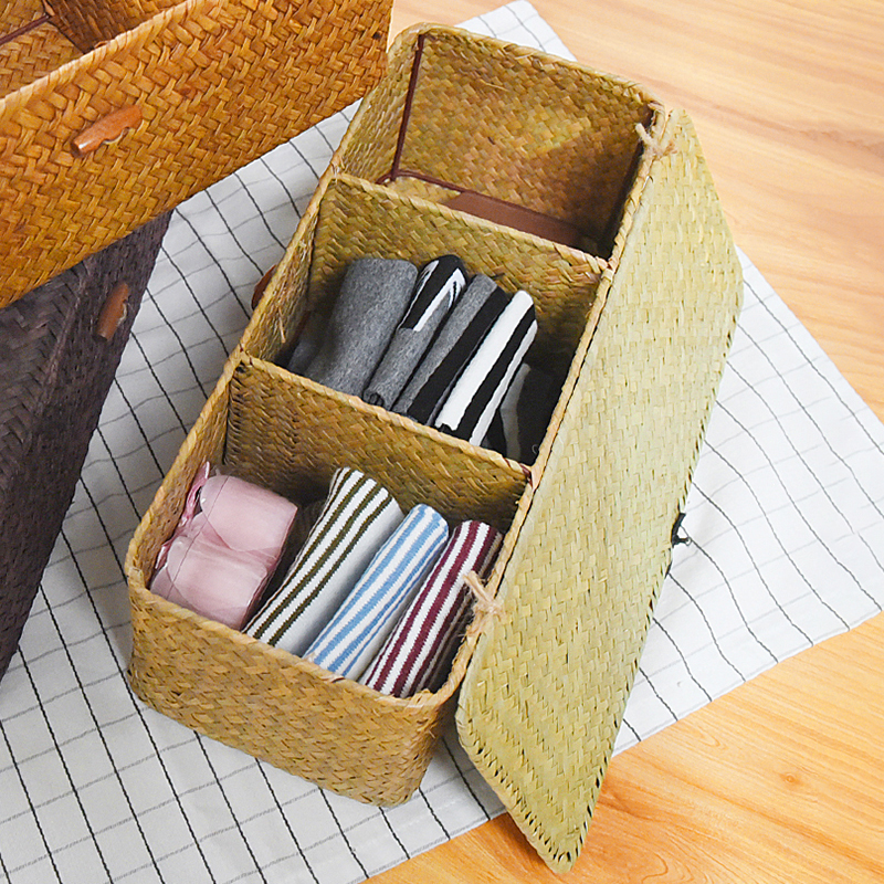 Woven Multi-grid Storage Basket with Lid - Image 2
