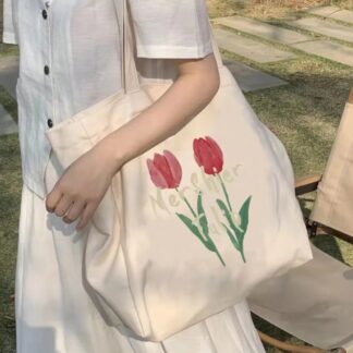 Canvas Large Capacity Tulips Printing Tote Bag