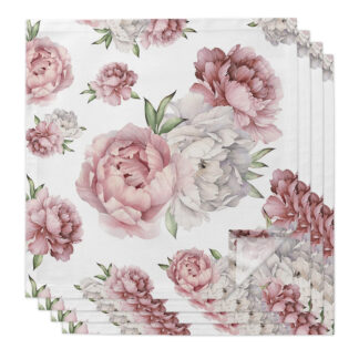 4PCS Pink Peony White Cloth Napkins Table Decoration