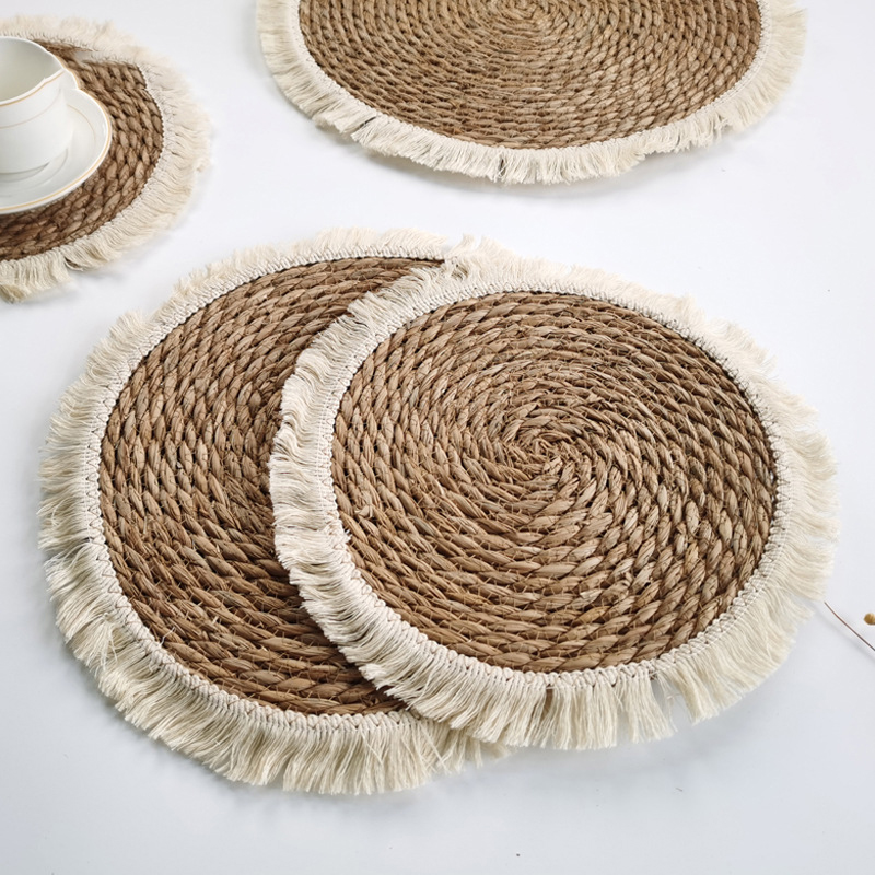4PCS Bohemian Woven Tassel Straw Thick Placemats Dinning Table Decor - Image 3