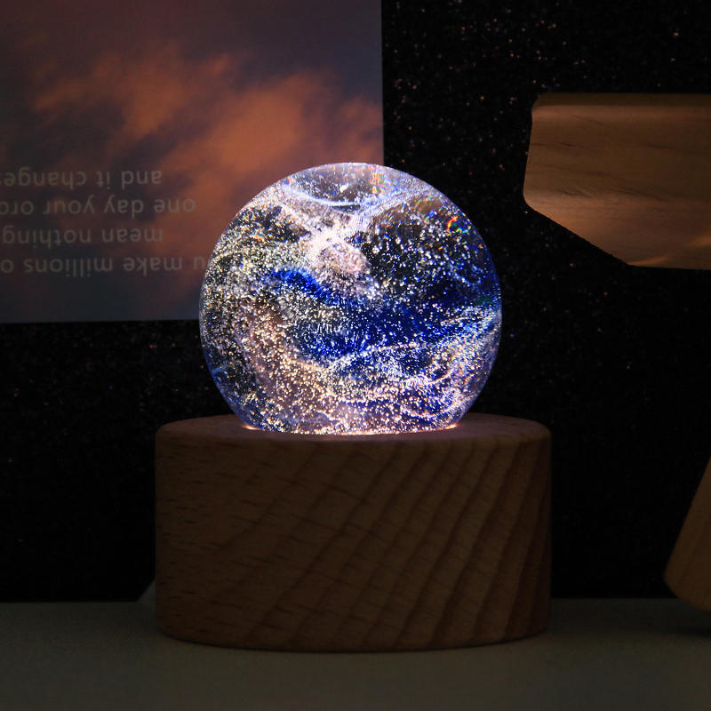 80mm Blue Magic LED Light Crystal Ball with Wooden Base