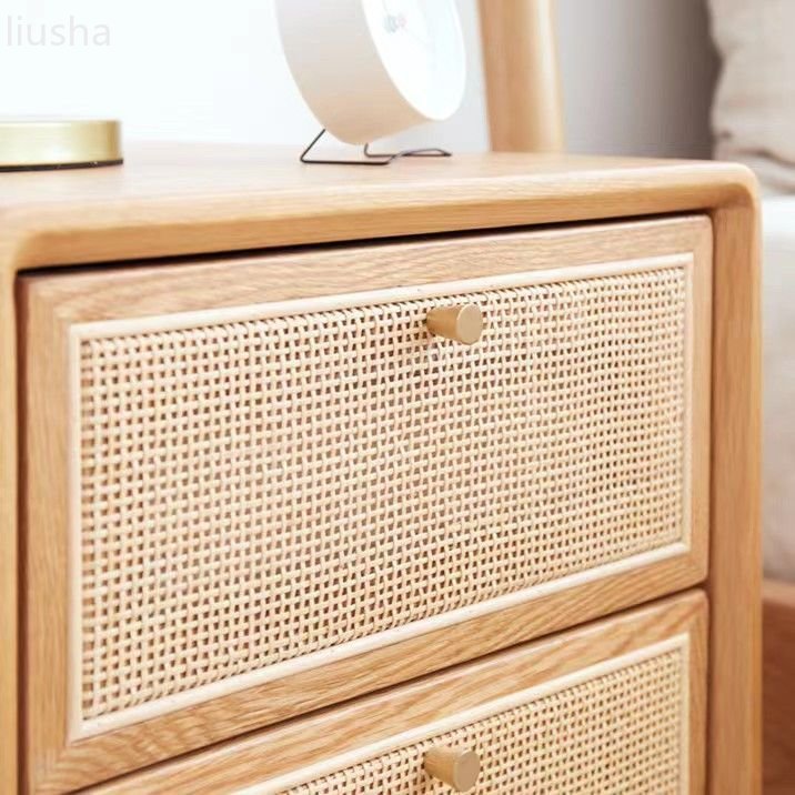 Modern Japanese Style Rattan Pure Solid Wood Bedside Table - Image 3