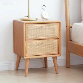 Modern Japanese Style Rattan Pure Solid Wood Bedside Table