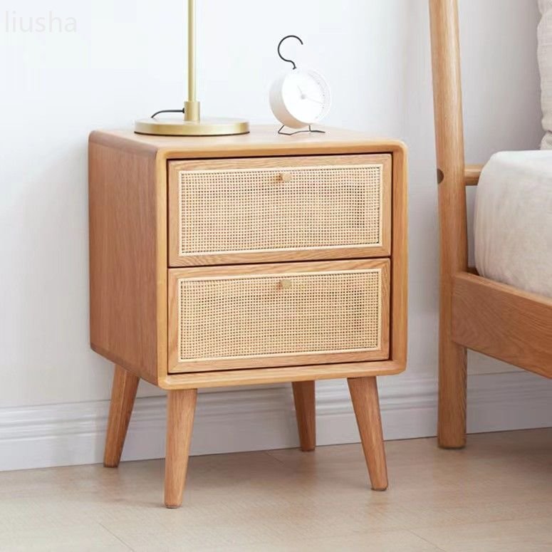 Modern Japanese Style Rattan Pure Solid Wood Bedside Table