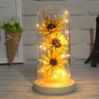Artificial Sunflower in Glass Dome with Led Light Lamp