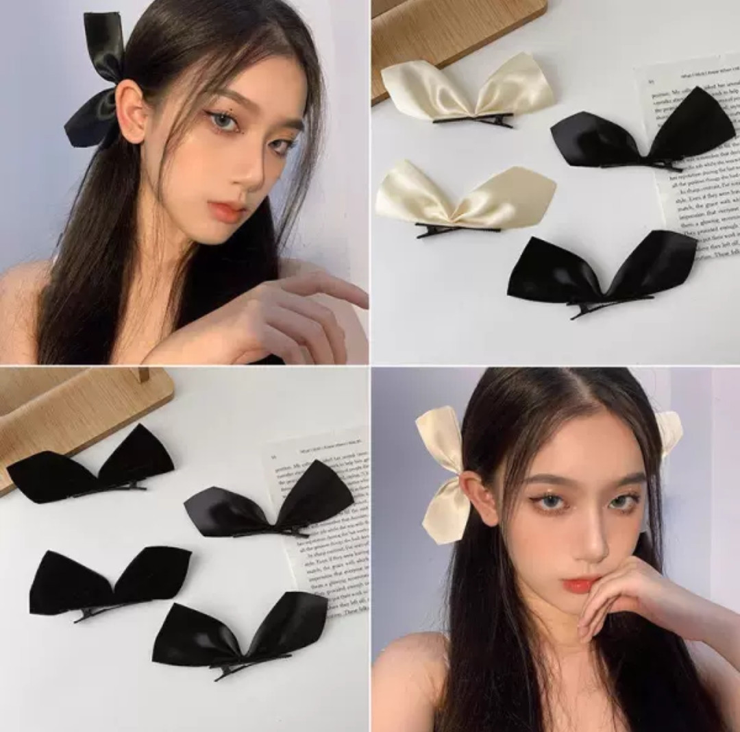 Black White Ribbon Hair Bows Clips Vintage Bowknot - Image 3