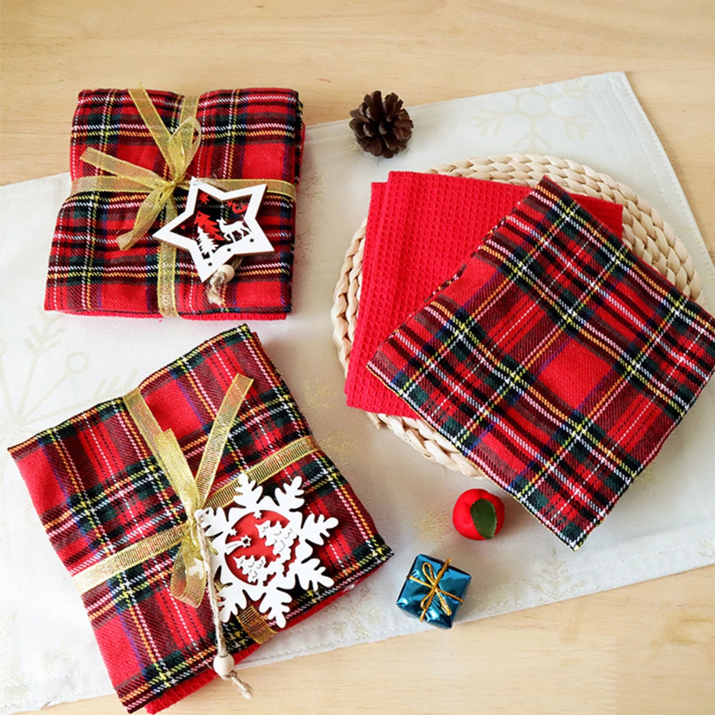 4PCS Christmas Plaid Cotton Table Napkins with Napkin Ring Pocket Handkerchief For Christmas Party Decor - Image 2
