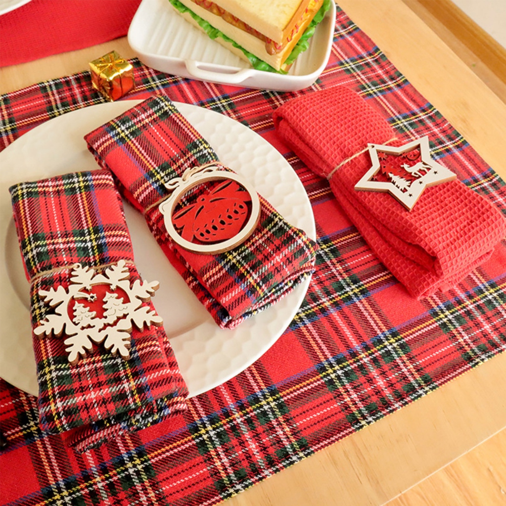 4PCS Christmas Plaid Cotton Table Napkins with Napkin Ring Pocket Handkerchief For Christmas Party Decor - Image 3