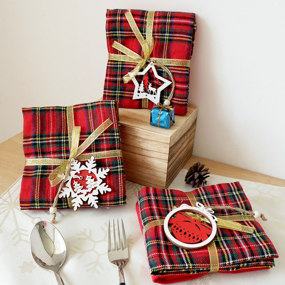 4PCS Christmas Plaid Cotton Table Napkins with Napkin Ring Pocket Handkerchief For Christmas Party Decor - Image 4