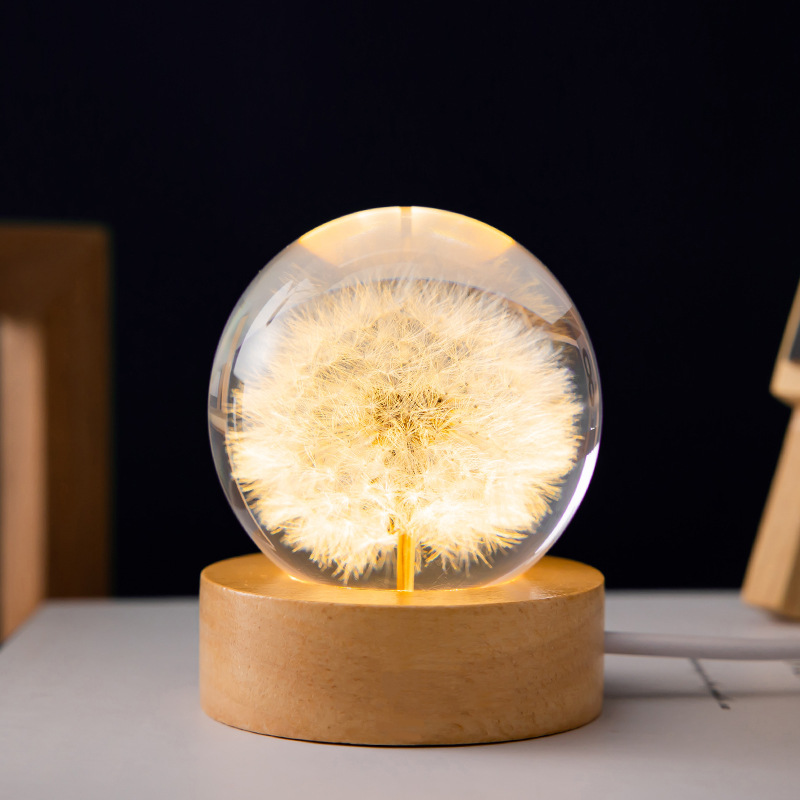 3D Dandelion Crystal Ball with Wood Stand Base - Image 2