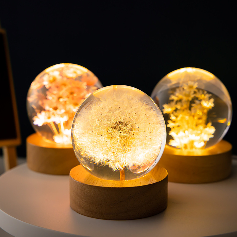 3D Dandelion Crystal Ball with Wood Stand Base - Image 3