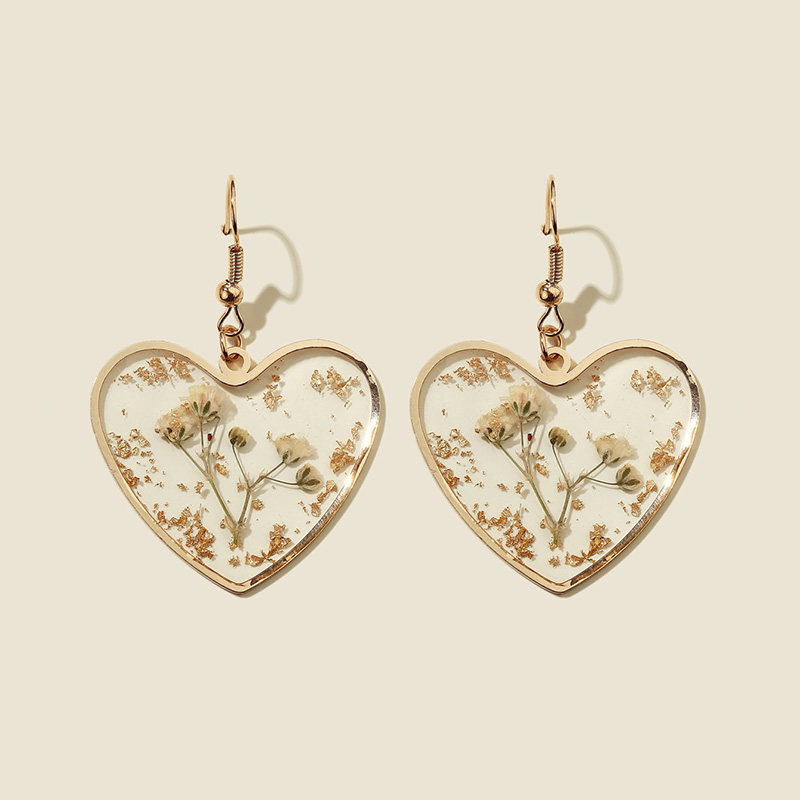 Transparent Resin Dried Camellia Flower Heart Drop Earrings - Image 2