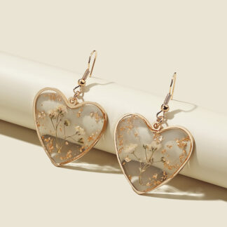 Transparent Resin Dried Camellia Flower Heart Drop Earrings