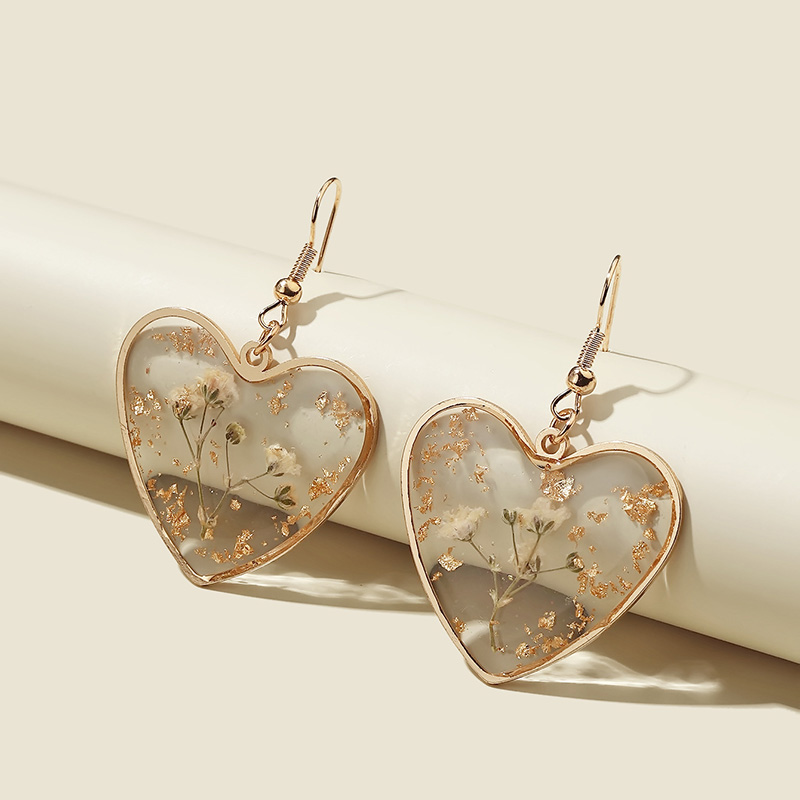 Transparent Resin Dried Camellia Flower Heart Drop Earrings