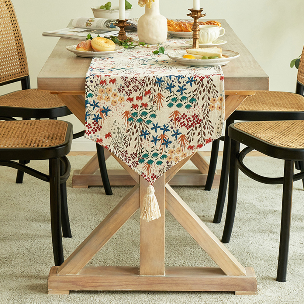 Floral Embroidery Table Runner with Tassel Tablecloth - Image 3