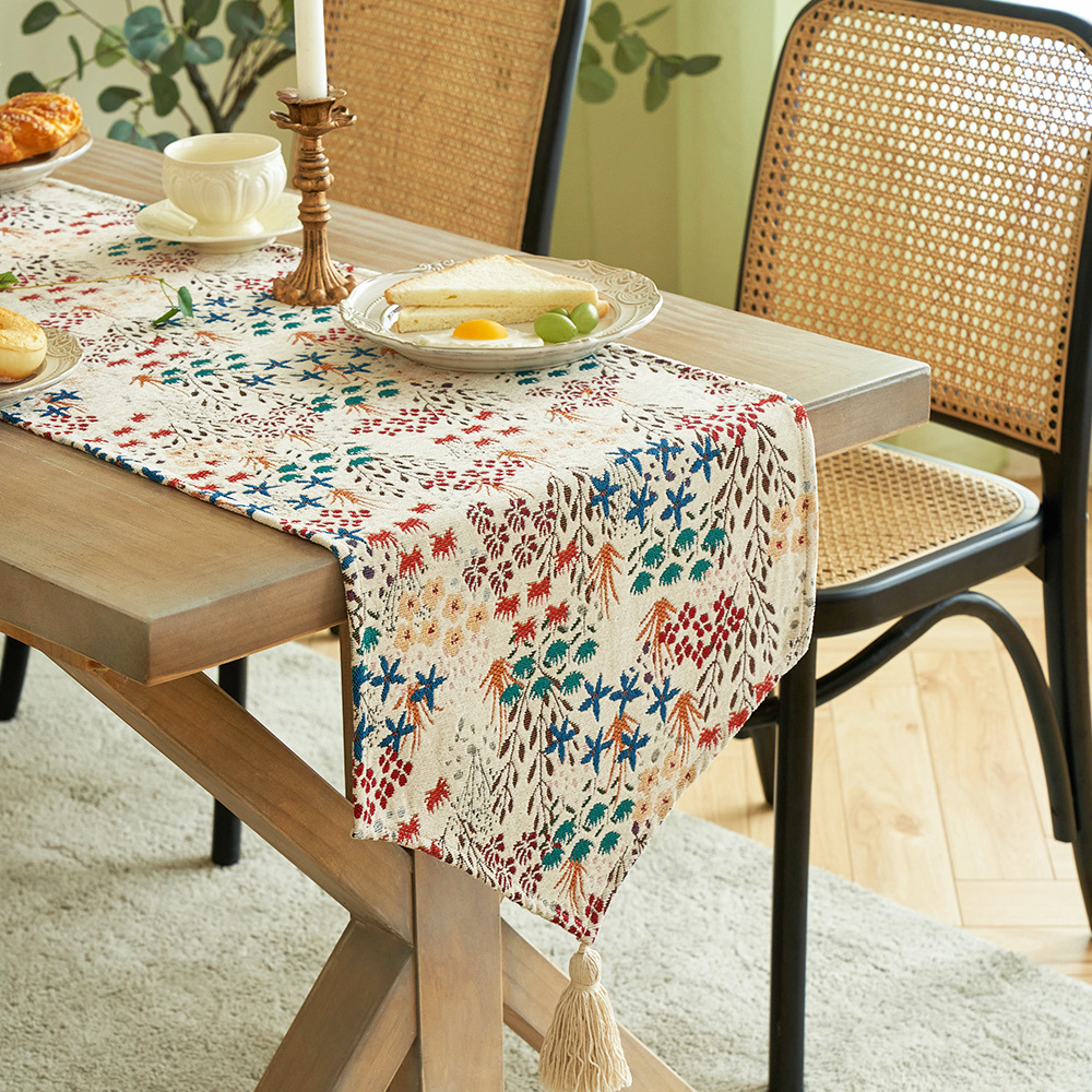 Floral Embroidery Table Runner with Tassel Tablecloth
