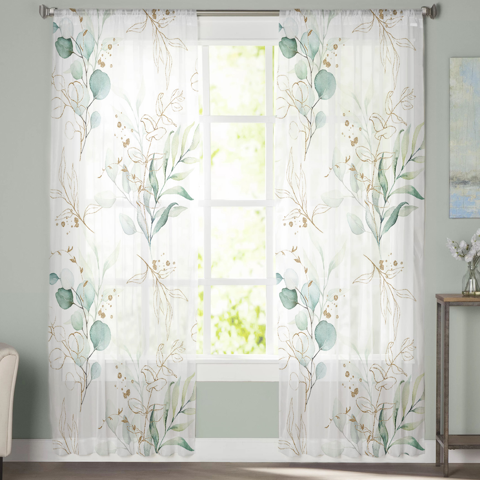 Eucalyptus Leaf Art Abstract Tulle Sheer Curtain - Image 3