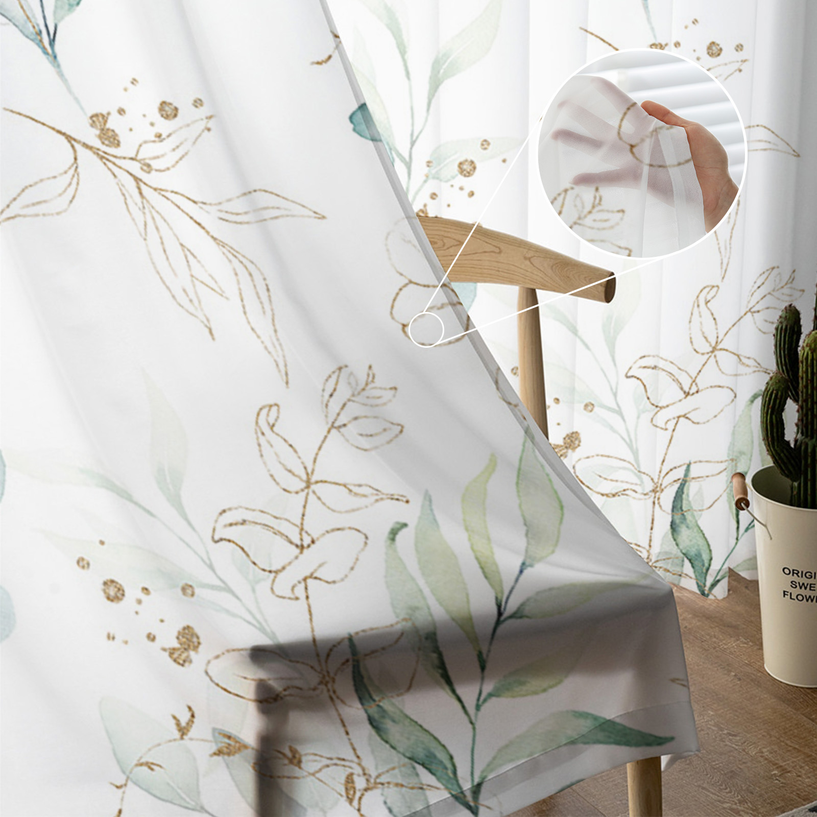 Eucalyptus Leaf Art Abstract Tulle Sheer Curtain - Image 5