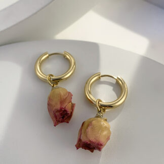 Handmade Luxury Real Dry Rose Flower Dangle Drop Earrings