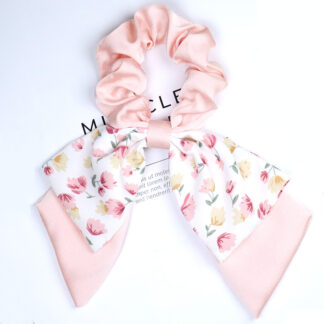 Floral Bow Satin Hair Scrunchies Ring Summer, Pink