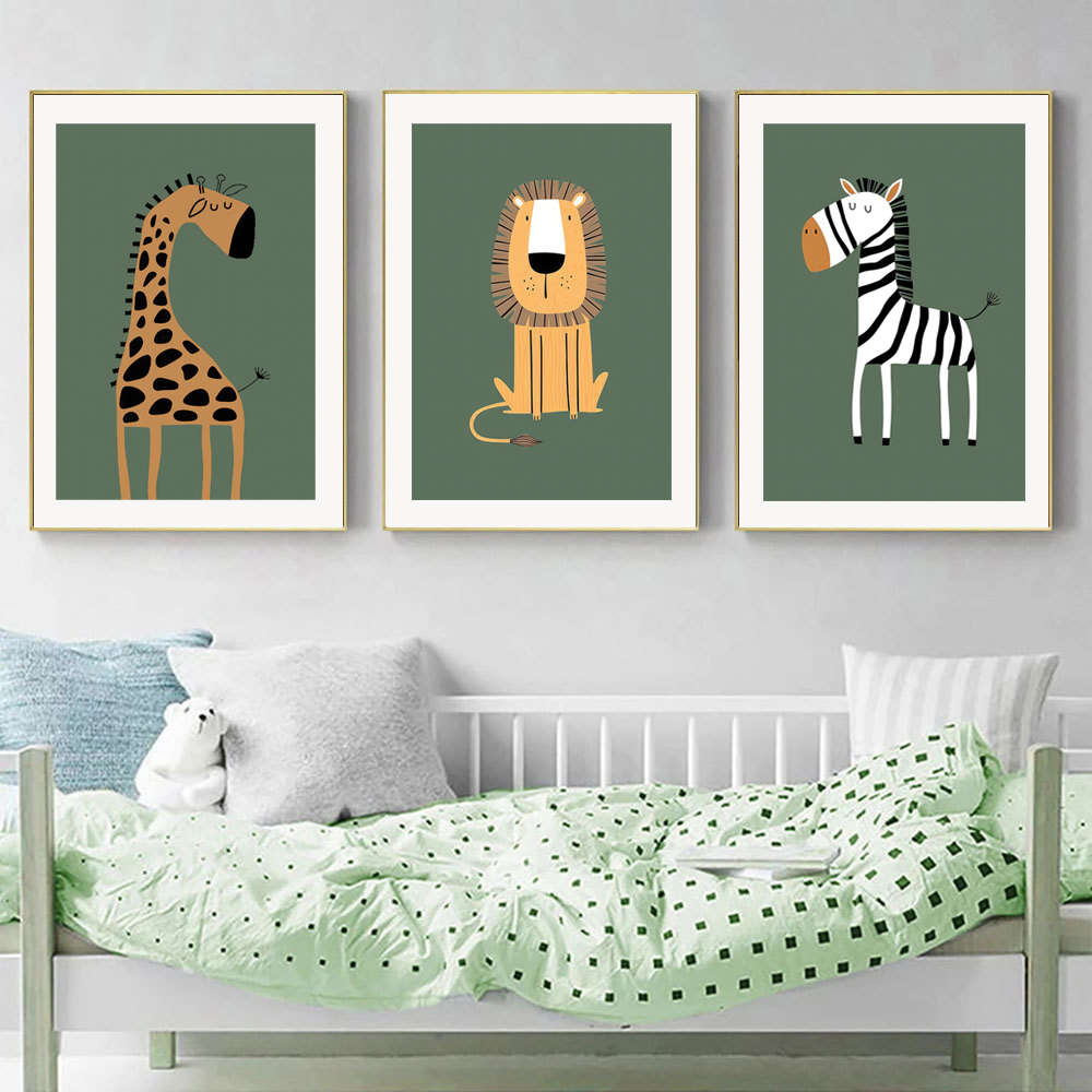 Green Giraffe Zebra Lion Cartoon Posters - Image 2
