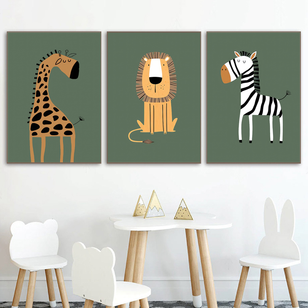 Green Giraffe Zebra Lion Cartoon Posters - Image 4