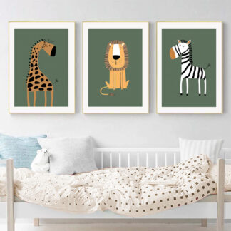 Green Giraffe Zebra Lion Cartoon Posters