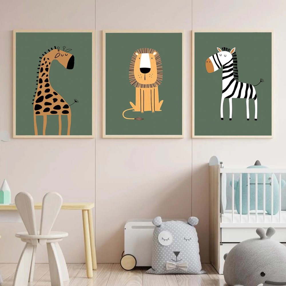Green Giraffe Zebra Lion Cartoon Posters - Image 5